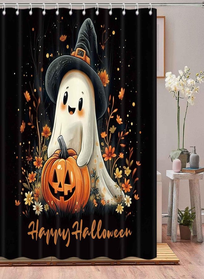 ICTEISOM Halloween Shower Curtains for Bathroom, Cute Ghost Pumpkin Bath Curtain Set, Fall Autumn Floral Shower Curtain Waterproof Polyester Black Fabric 72x72 Inch - Image 3
