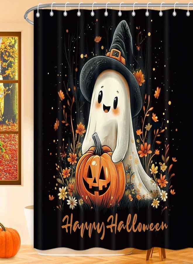 ICTEISOM Halloween Shower Curtains for Bathroom, Cute Ghost Pumpkin Bath Curtain Set, Fall Autumn Floral Shower Curtain Waterproof Polyester Black Fabric 72x72 Inch - Image 2