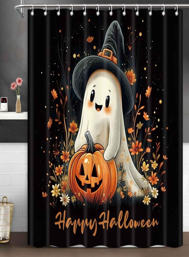 ICTEISOM Halloween Shower Curtains for Bathroom, Cute Ghost Pumpkin Bath Curtain Set, Fall Autumn Floral Shower Curtain Waterproof Polyester Black Fabric 72x72 Inch - Image 4
