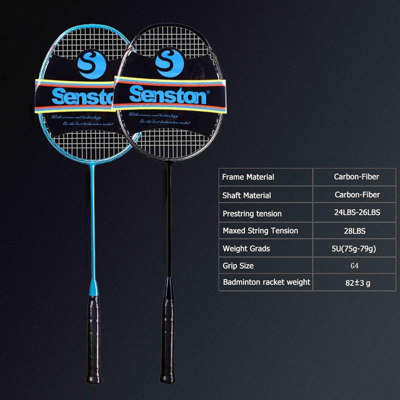 Senston مجموعة مضارب بادلمنتون سنستون N80-2، مضارب بادلمنتون احترافية مصنوعة من ألياف الكربون بالكامل مع مقبض - Image 5