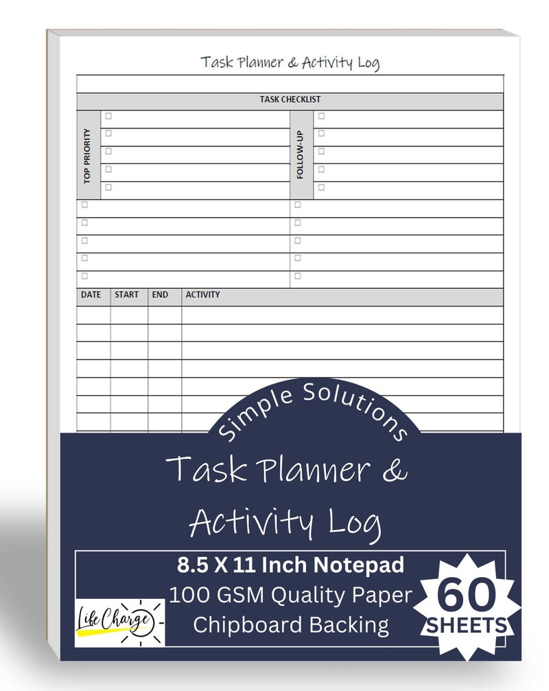 Life Charge Task Planner & Activity Log Notepad â€“ 60 Page Undated Daily & Hourly Planning Pad, To-Do List, Checklist, Track Time & Tasks, ADHD Tracker â€“ Organize Workday, Boost Productivity â€“ 8.5 x 11 Tear Sheets - Image 2