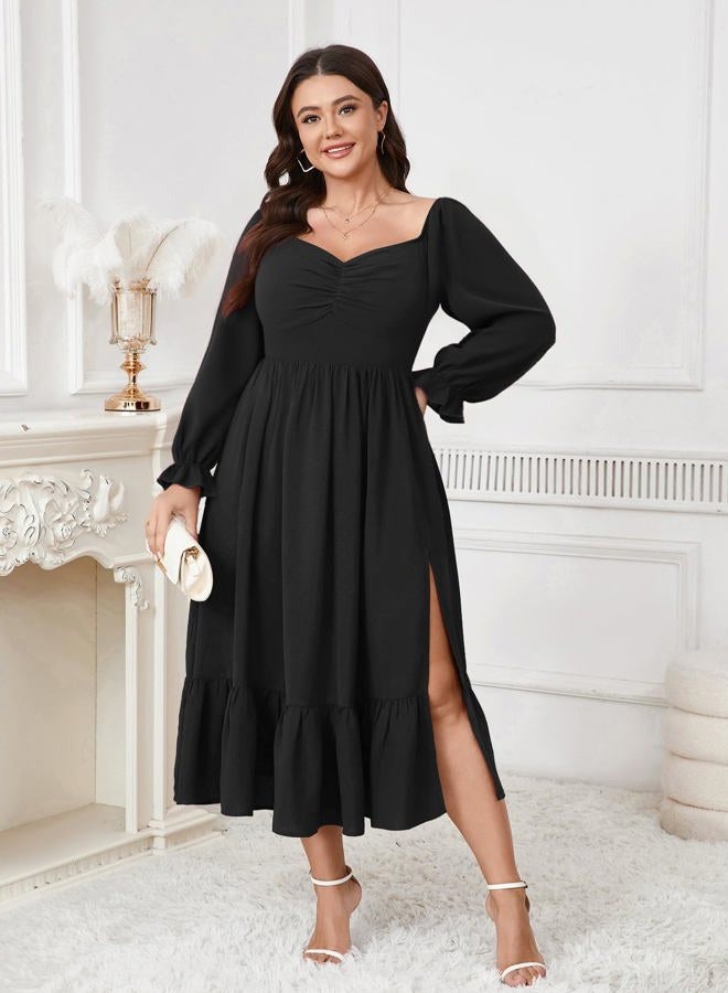 SCOMCHIC Womens Plus Size Wedding Guest Cocktail Dress Sweetheart Neckline Long Sleeve Smocked Ruffle Slit Maxi Dresses, Black, XL Plus - Image 2