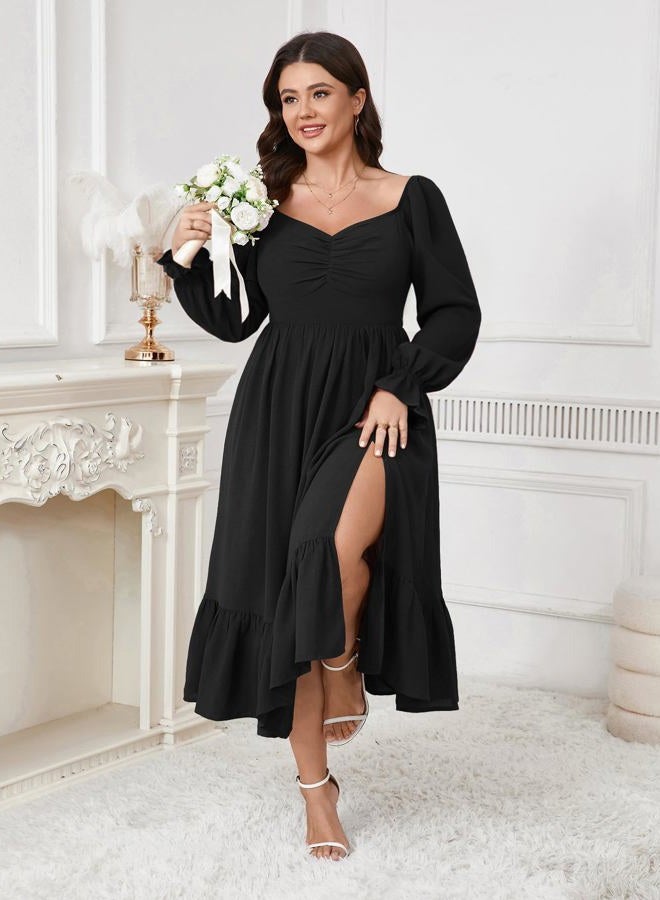 SCOMCHIC Womens Plus Size Wedding Guest Cocktail Dress Sweetheart Neckline Long Sleeve Smocked Ruffle Slit Maxi Dresses, Black, XL Plus - Image 3