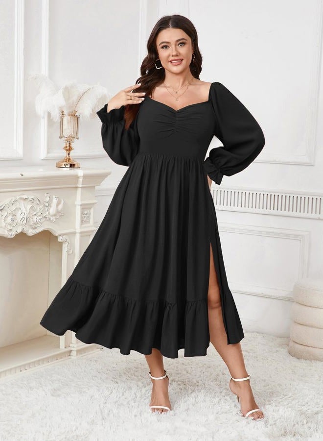 SCOMCHIC Womens Plus Size Wedding Guest Cocktail Dress Sweetheart Neckline Long Sleeve Smocked Ruffle Slit Maxi Dresses, Black, XL Plus - Image 5