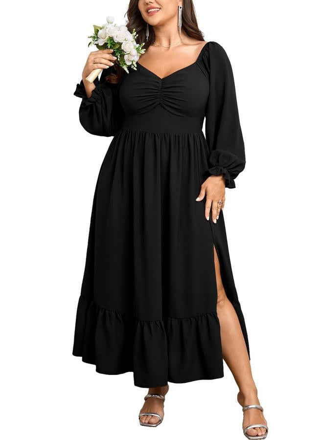 SCOMCHIC Womens Plus Size Wedding Guest Cocktail Dress Sweetheart Neckline Long Sleeve Smocked Ruffle Slit Maxi Dresses, Black, XL Plus - Image 1