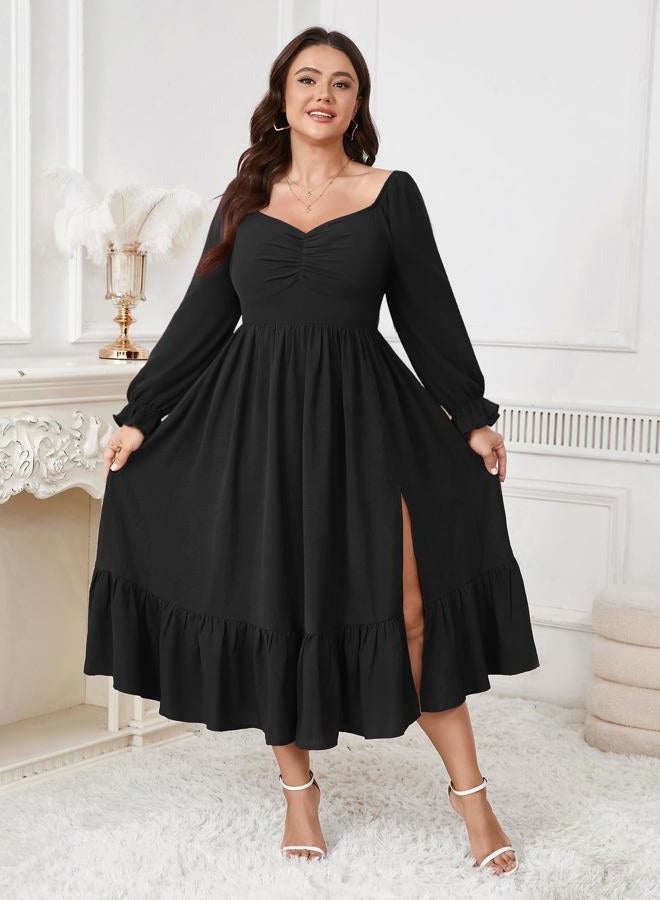 SCOMCHIC Womens Plus Size Wedding Guest Cocktail Dress Sweetheart Neckline Long Sleeve Smocked Ruffle Slit Maxi Dresses, Black, XL Plus - Image 4