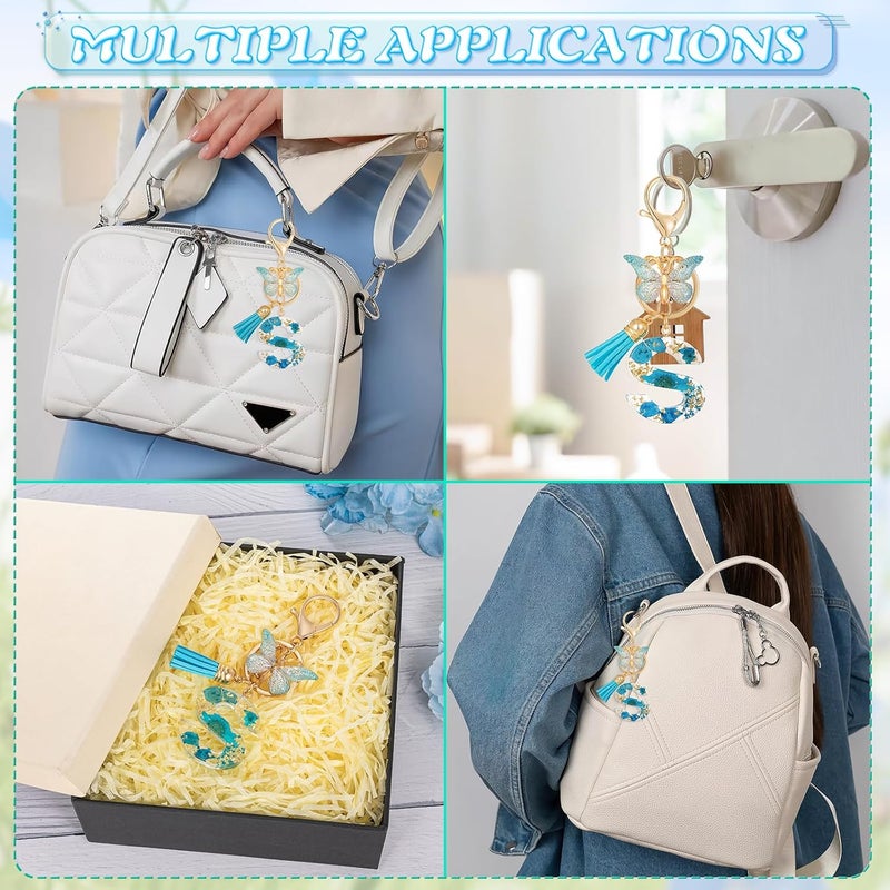 MWOOT Initial Letter S Keychain Resin Alphabet Keyrings,Blue Petals Gold Foil Key Ring Charm with Butterfly Tassel Pendant,Kawaii Key Chain for Womens Gift Ideas Wallet Purse Bag Handbag Decor (S) - Image 2