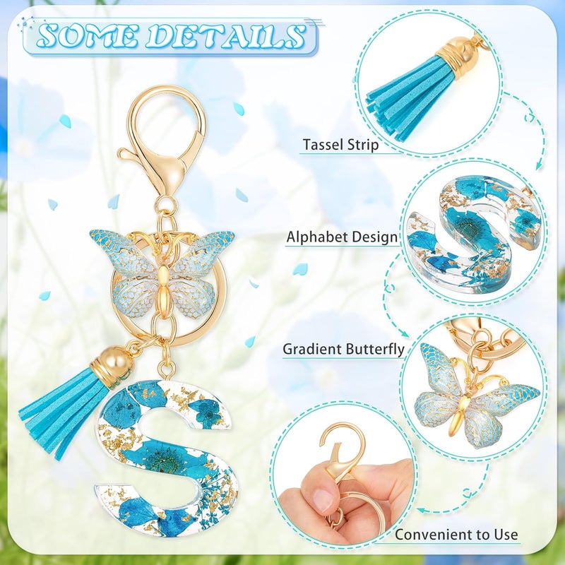 MWOOT Initial Letter S Keychain Resin Alphabet Keyrings,Blue Petals Gold Foil Key Ring Charm with Butterfly Tassel Pendant,Kawaii Key Chain for Womens Gift Ideas Wallet Purse Bag Handbag Decor (S) - Image 4