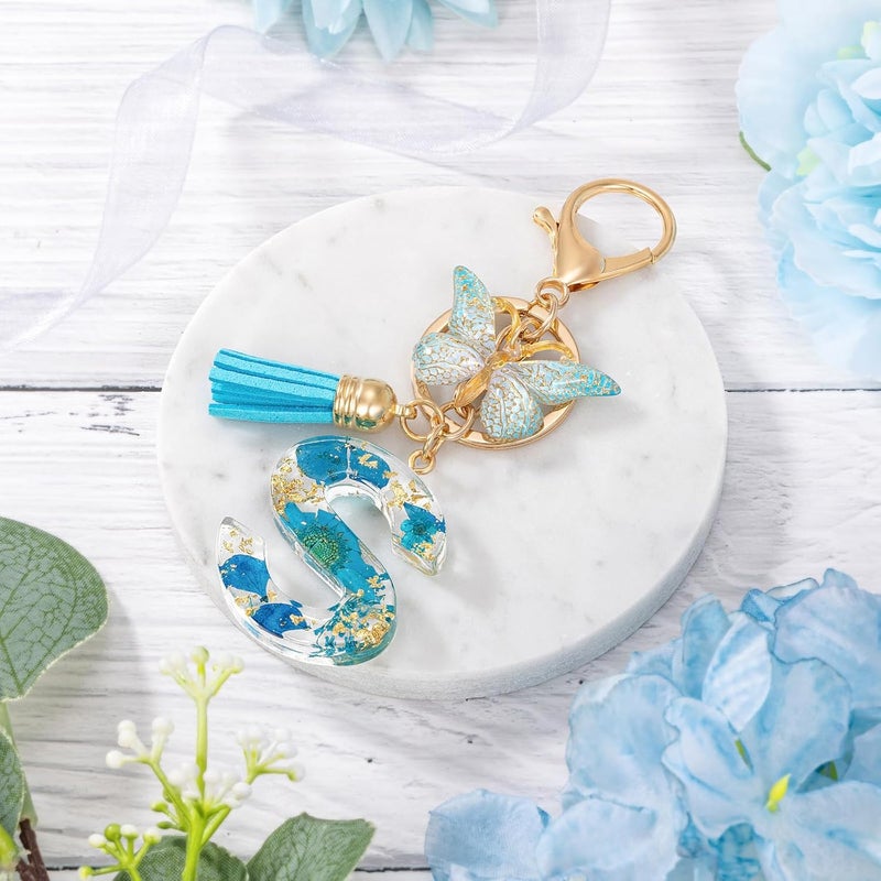 MWOOT Initial Letter S Keychain Resin Alphabet Keyrings,Blue Petals Gold Foil Key Ring Charm with Butterfly Tassel Pendant,Kawaii Key Chain for Womens Gift Ideas Wallet Purse Bag Handbag Decor (S) - Image 1