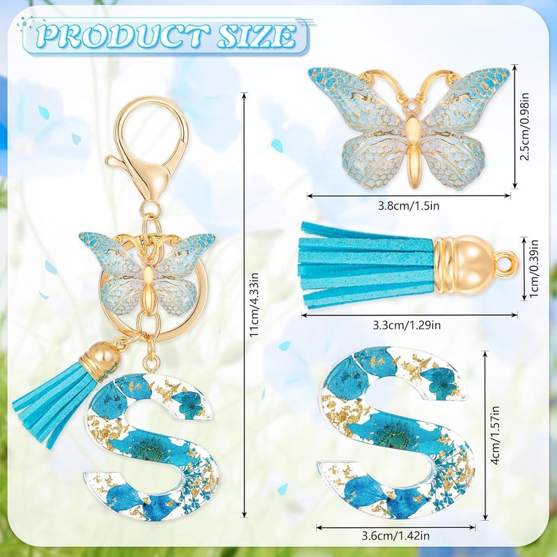 MWOOT Initial Letter S Keychain Resin Alphabet Keyrings,Blue Petals Gold Foil Key Ring Charm with Butterfly Tassel Pendant,Kawaii Key Chain for Womens Gift Ideas Wallet Purse Bag Handbag Decor (S) - Image 3