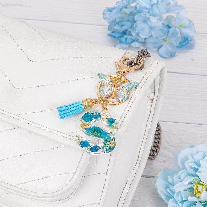 MWOOT Initial Letter S Keychain Resin Alphabet Keyrings,Blue Petals Gold Foil Key Ring Charm with Butterfly Tassel Pendant,Kawaii Key Chain for Womens Gift Ideas Wallet Purse Bag Handbag Decor (S) - Image 5