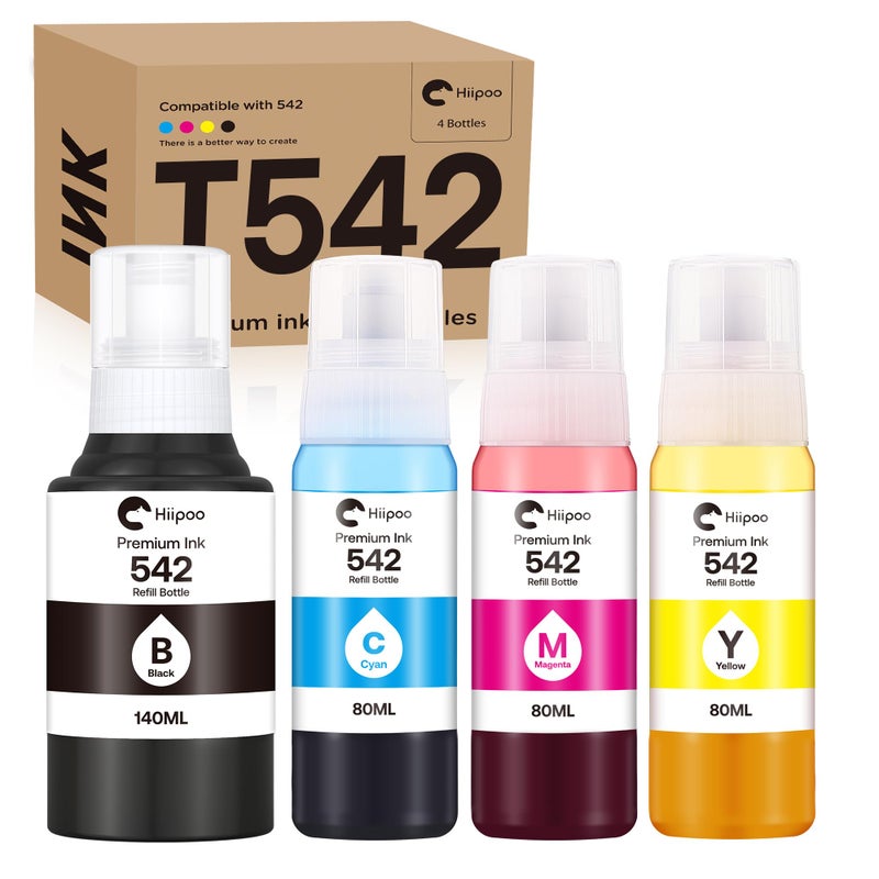 Hiipoo 542 Pigment Ink Refill Bottle ET-5850 ET-5880 ET-5170 ET-16600 ET-16650 ST-C8000 Printers Replacement for 542 Ink Refill Bottles for ET-5850 Upgrade Version (4 Pack) - Image 1