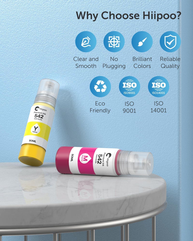 Hiipoo 542 Pigment Ink Refill Bottle ET-5850 ET-5880 ET-5170 ET-16600 ET-16650 ST-C8000 Printers Replacement for 542 Ink Refill Bottles for ET-5850 Upgrade Version (4 Pack) - Image 2