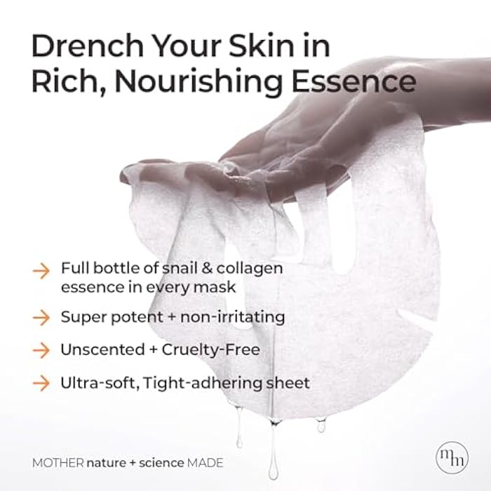 MOTHER MADE Glowing Glass Skin Hydrating Snail Deep Collagen Face Masks 10 EA, with Niacinamide 2%, Vitamin E, Facial Masks for Dry, Sensitive Skin, Kbeauty Essentials, Self Care, Korean Skincare - Image 4
