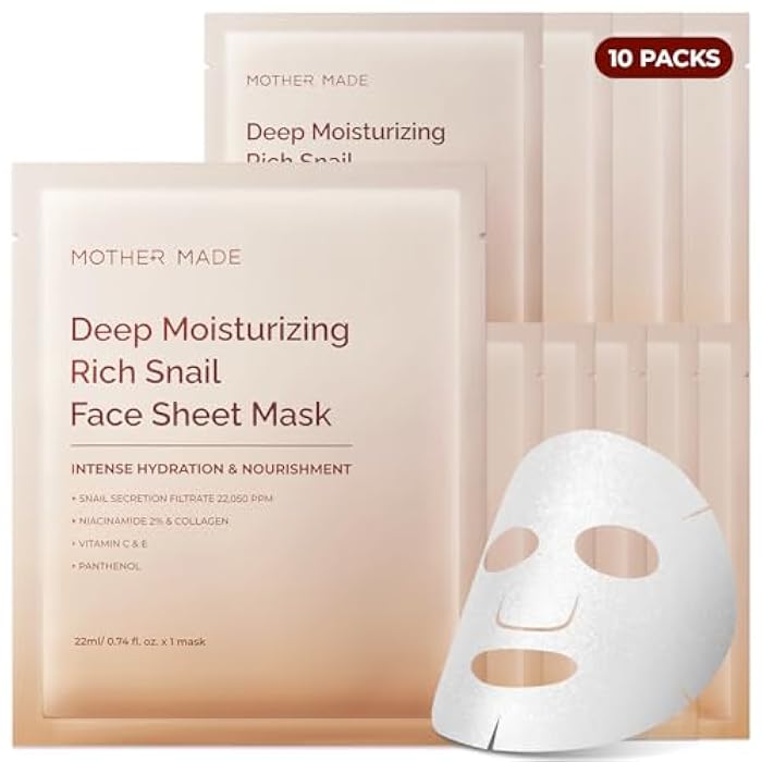 MOTHER MADE Glowing Glass Skin Hydrating Snail Deep Collagen Face Masks 10 EA, with Niacinamide 2%, Vitamin E, Facial Masks for Dry, Sensitive Skin, Kbeauty Essentials, Self Care, Korean Skincare - Image 1