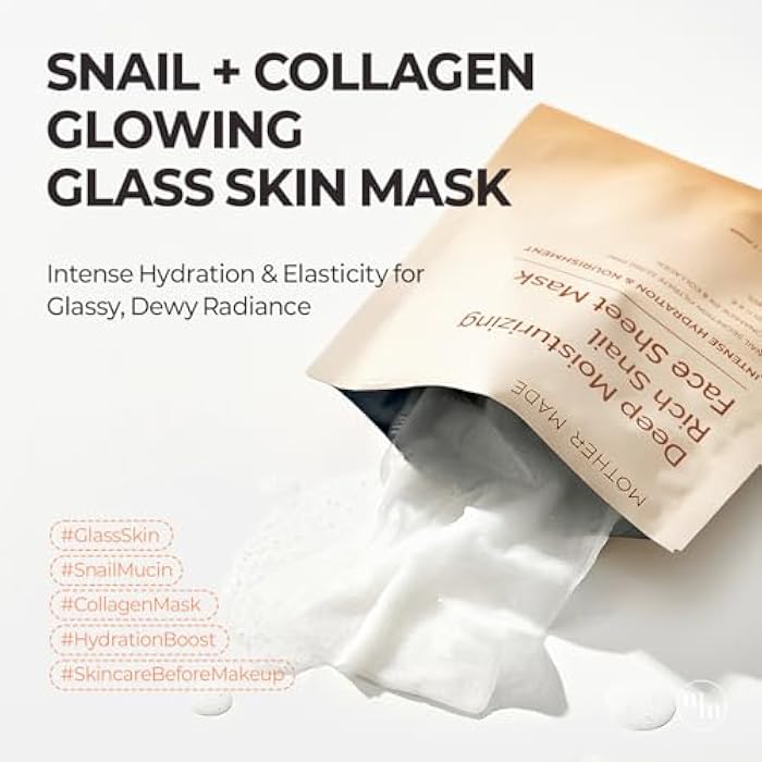 MOTHER MADE Glowing Glass Skin Hydrating Snail Deep Collagen Face Masks 10 EA, with Niacinamide 2%, Vitamin E, Facial Masks for Dry, Sensitive Skin, Kbeauty Essentials, Self Care, Korean Skincare - Image 2