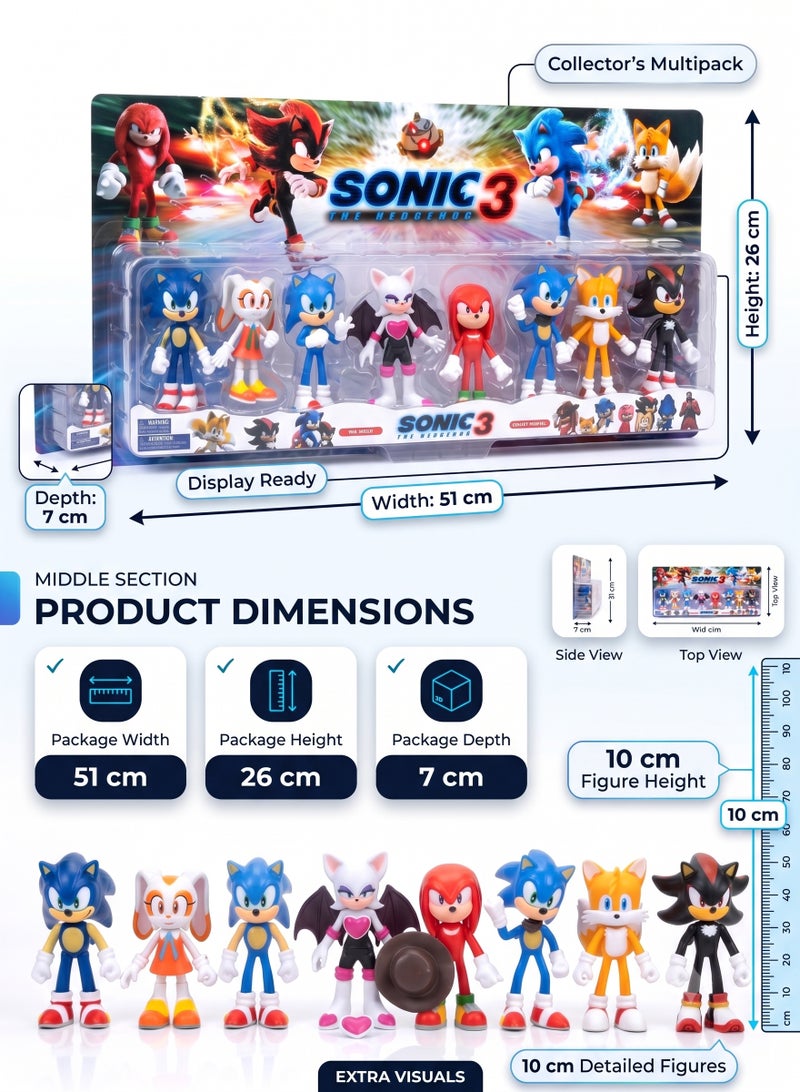 Sonic The Hedgehog 3 Collectible Figures Character Toys 8-Piece Set – 10cm Sonic the Hedgehog Movie Action Figures | Includes Shadow, Knuckles, Tails, Rouge, Cream & Classic Sonic | Reusable Cake Toppers Model Kit Pack | Premium Birthday & Eid Gift for Kids Fans - Image 4