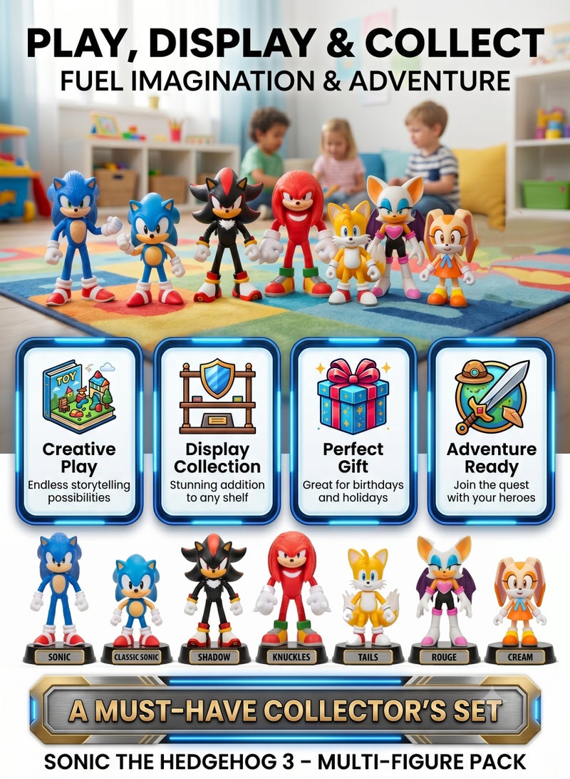 Sonic The Hedgehog 3 Collectible Figures Character Toys 8-Piece Set – 10cm Sonic the Hedgehog Movie Action Figures | Includes Shadow, Knuckles, Tails, Rouge, Cream & Classic Sonic | Reusable Cake Toppers Model Kit Pack | Premium Birthday & Eid Gift for Kids Fans - Image 3