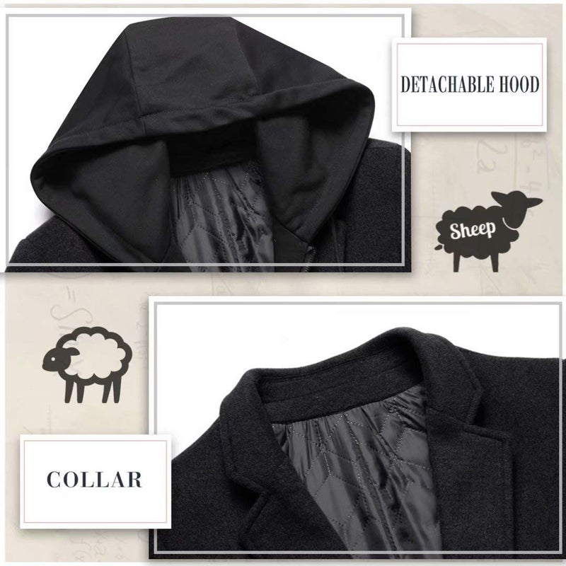 iCKER Mens Trench Coat Winter Wool Blend Jacket Overcoat Long Top Coat Warm Pea Coat-1908-Black 1-S - Image 4