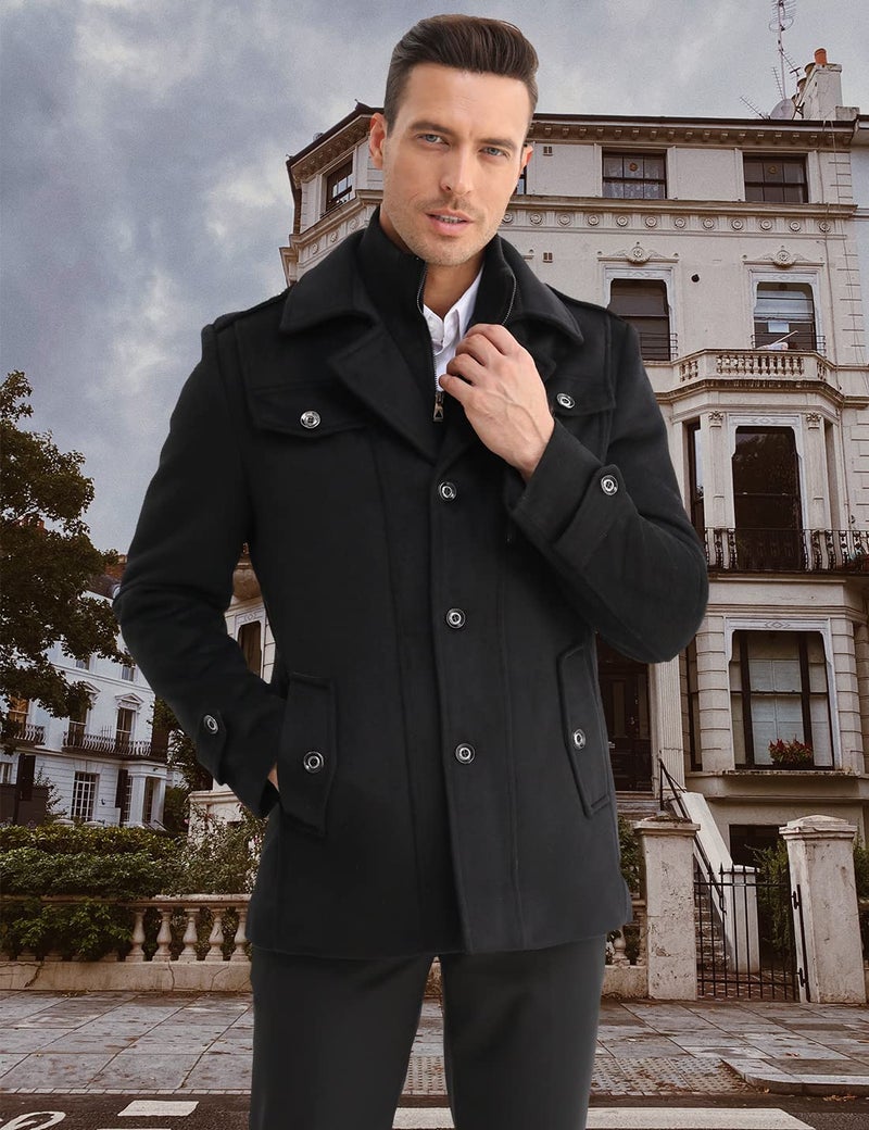 iCKER Mens Trench Coat Winter Wool Blend Jacket Overcoat Long Top Coat Warm Pea Coat-1908-Black 1-S - Image 2