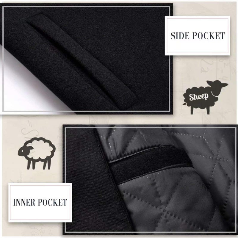 iCKER Mens Trench Coat Winter Wool Blend Jacket Overcoat Long Top Coat Warm Pea Coat-1908-Black 1-S - Image 5