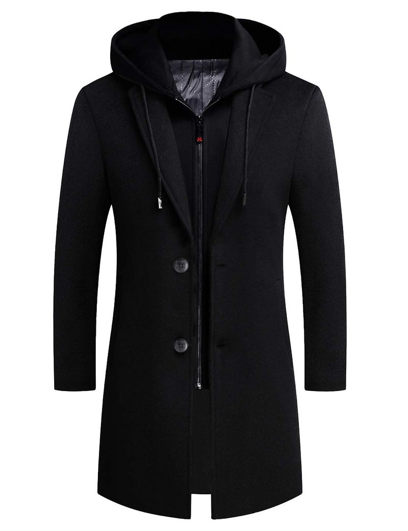 iCKER Mens Trench Coat Winter Wool Blend Jacket Overcoat Long Top Coat Warm Pea Coat-1908-Black 1-S - Image 1