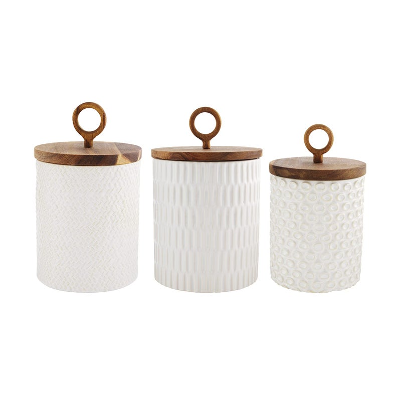 Mud Pie Stoneware Canister Set, Cream, small 8" x 4.5" | medium 9.25" x 5.25" | large 10.75" x 6" - Image 1