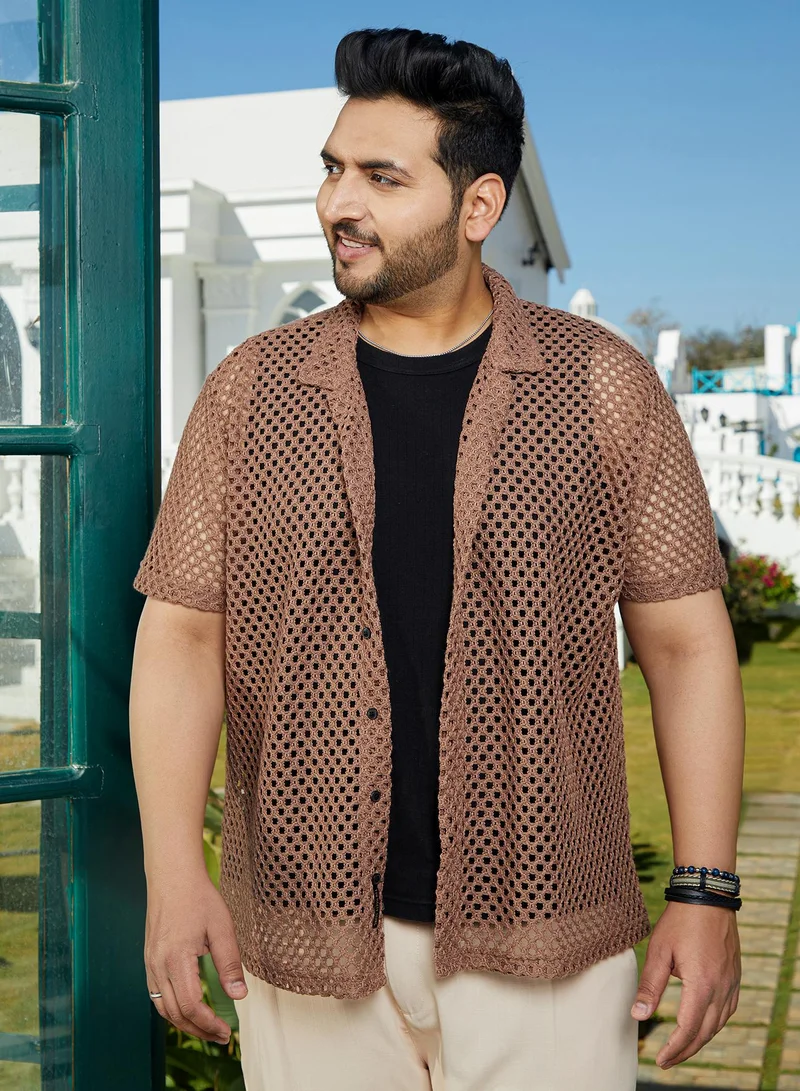 Instafab Plus Instafab Plus Men's Camel Brown Open-Knit Resort Shirt For Casual Wear | Cuban Collar | Short Regular Sleeves | Button Closure | Plus Size Shirt Crafted With Comfort Fit For Everyday Wear