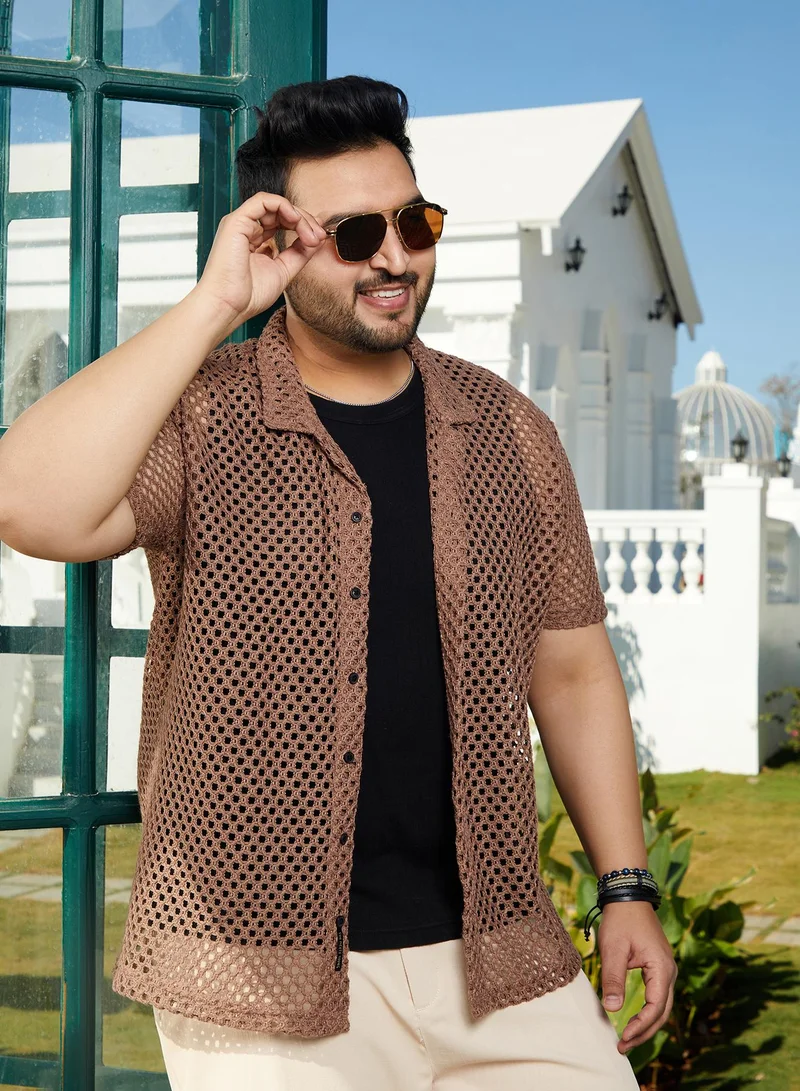 Instafab Plus Instafab Plus Men's Camel Brown Open-Knit Resort Shirt For Casual Wear | Cuban Collar | Short Regular Sleeves | Button Closure | Plus Size Shirt Crafted With Comfort Fit For Everyday Wear