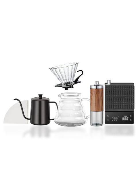 6-Piece V60 Pour Over Drip Coffee Set Coffee Accessories Manual Grinder Mill Glass Pot with Filter Dripper Gooseneck Kettle Specialized Size 02 V60 Kit