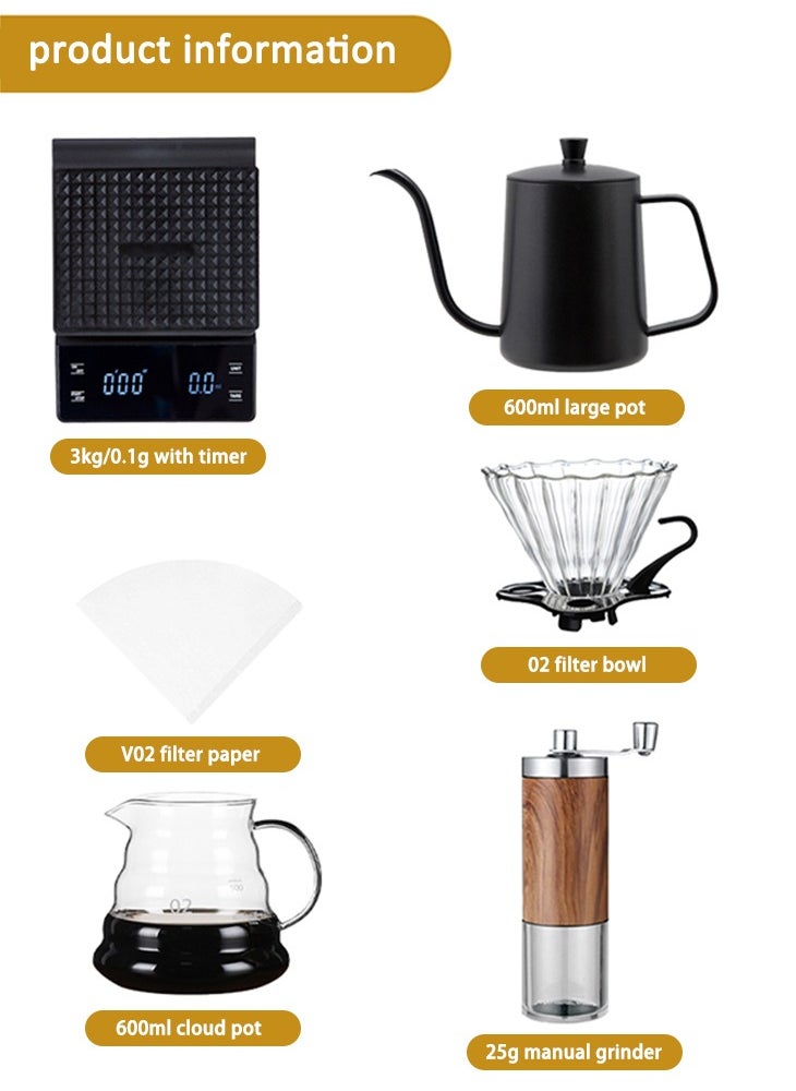 6-Piece V60 Pour Over Drip Coffee Set Coffee Accessories Manual Grinder Mill Glass Pot with Filter Dripper Gooseneck Kettle Specialized Size 02 V60 Kit