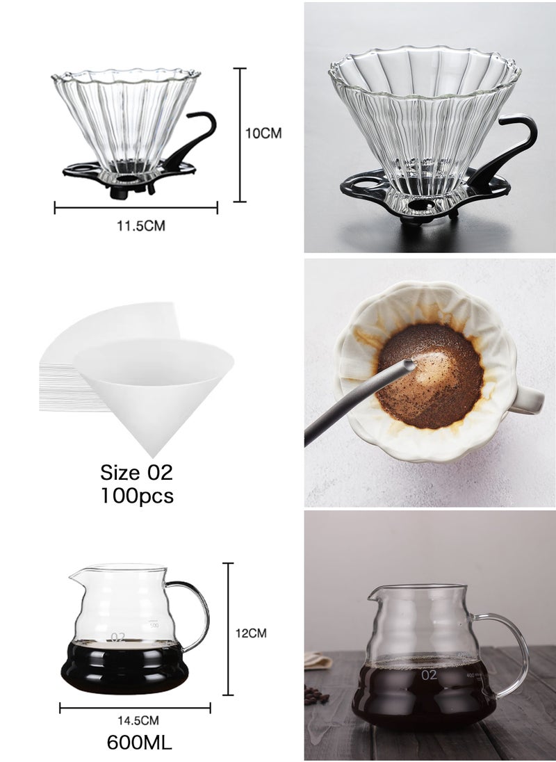 6-Piece V60 Pour Over Drip Coffee Set Coffee Accessories Manual Grinder Mill Glass Pot with Filter Dripper Gooseneck Kettle Specialized Size 02 V60 Kit