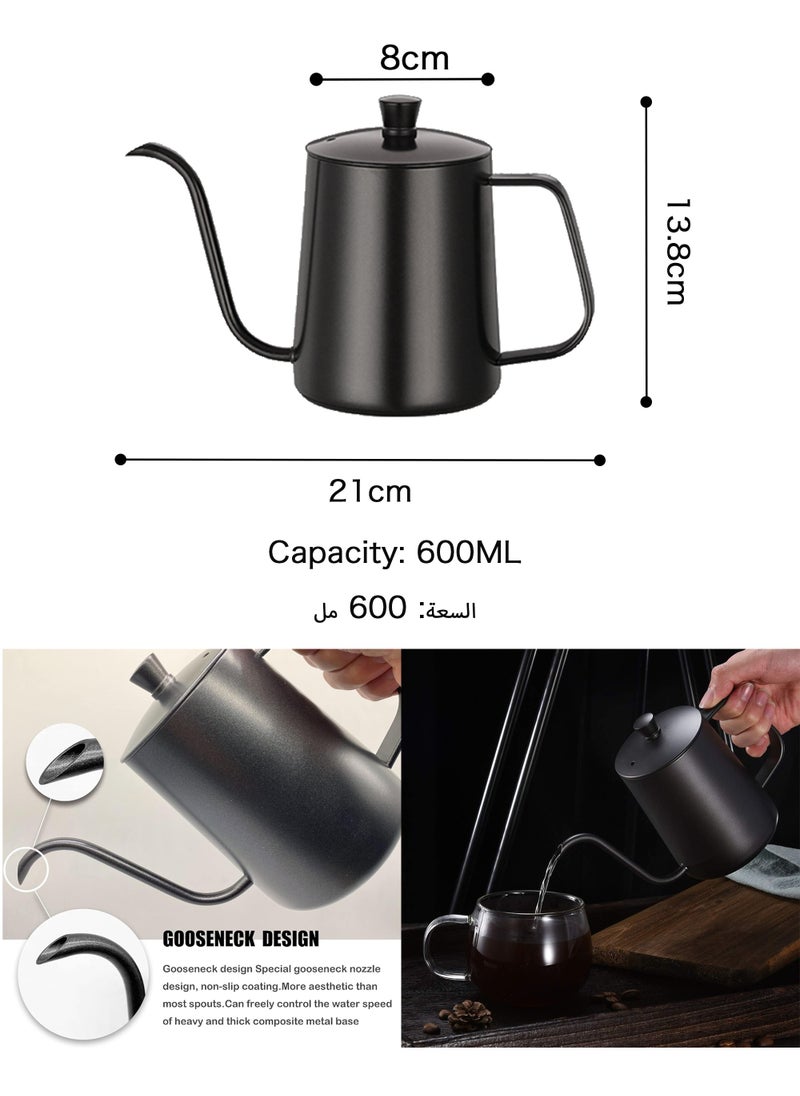 6-Piece V60 Pour Over Drip Coffee Set Coffee Accessories Manual Grinder Mill Glass Pot with Filter Dripper Gooseneck Kettle Specialized Size 02 V60 Kit