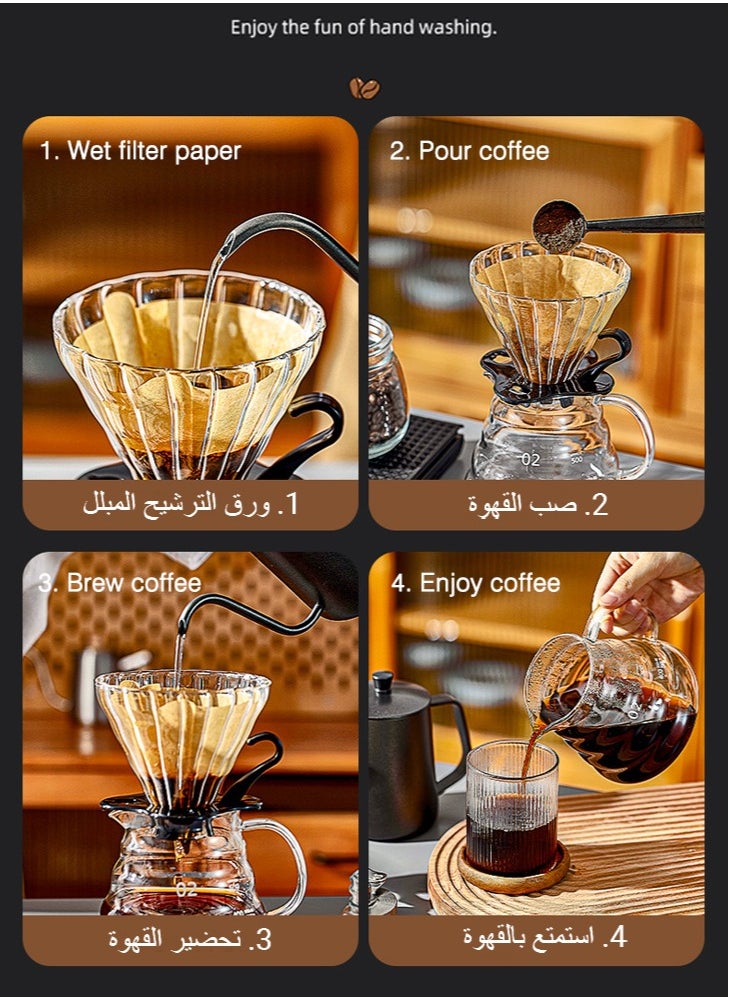6-Piece V60 Pour Over Drip Coffee Set Coffee Accessories Manual Grinder Mill Glass Pot with Filter Dripper Gooseneck Kettle Specialized Size 02 V60 Kit