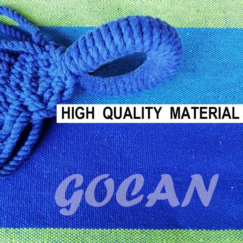 GOCAN أرجوحة برازيلية مزدوجة من لشخصين، كبيرة جدًا من القماش 250 × 160 سم، الطول الإجمالي 350 سم، الحمولة 500 رطل، قطن للاستخدام الخارجي والداخلي في الحديقة، أزرق / أخضر (98 × 65 بوصة) - Image 2