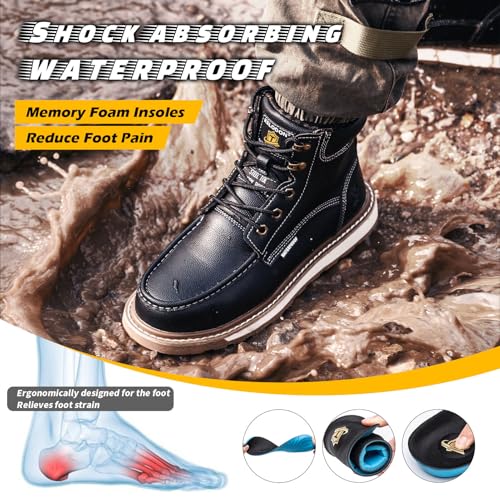 KELODON Waterproof Steel Toe Boots For Men-6" Leather Moc Toe Winter Warm Work Boots Mens Steel Toe Shoes Indestructible Non Slip Resistant Construction Safety Boot,Black,size 9 Men - Image 4