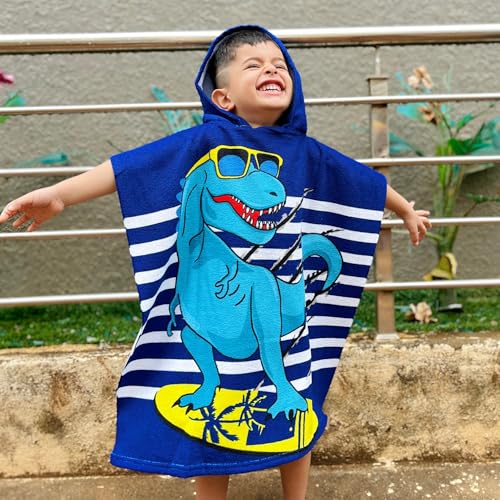Famyo® Poncho Hooded Towel for Kids 1–7 Years | Quick Dry Kids Towel | Soft Lightweight Baby Wrap for Beach | 60 X 60Cm Toddler Pool Towel for Boys & Girls | Micro-Fiber Bath Towels | Cool Dino Blue - Image 1