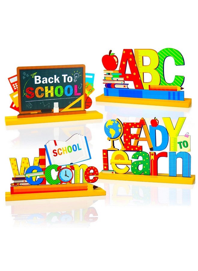 Tevxj 4 Pieces Back To School Party Decorations Wooden First Of School Centerpieces Ready To Learn Table Toppers For School Classroom Home Teacher Party Favor Supplies Photo Booth Props - Image 1