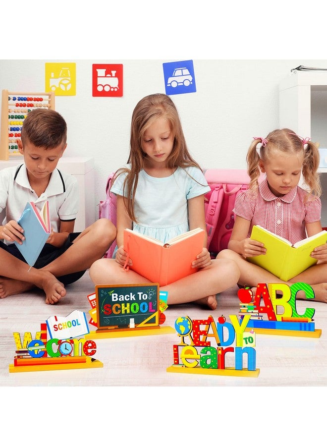 Tevxj 4 Pieces Back To School Party Decorations Wooden First Of School Centerpieces Ready To Learn Table Toppers For School Classroom Home Teacher Party Favor Supplies Photo Booth Props - Image 5