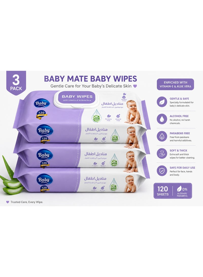 Baby Wipes, Sensitive with Aloe Vera & Vitamin E, 120 Wipes x 3 Packs (360 Wipes Total), Baby Wipes Jumbo Pack Save Pack - Image 1