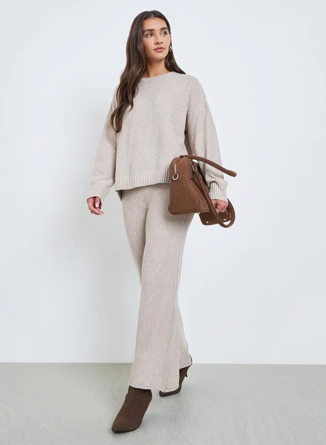 Styli Beige Wide Leg Flat Knit Pants