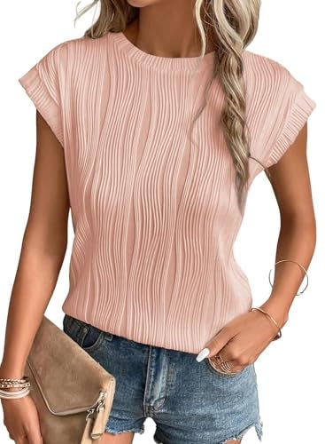 EVALESS Womens Spring Summer Crewneck Dressy Casual Textured Tops Blouses 2025 Fashion Trendy Cute Solid Work Business Short Sleeve T Shirts Pink Large - Image 4