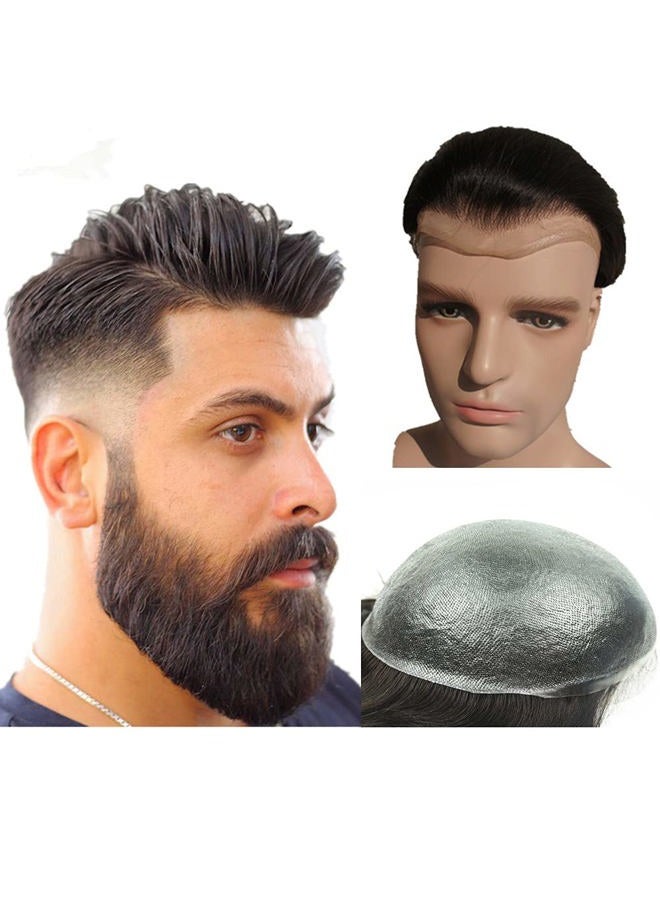 Zep PU Skin Toupee for Men NLW European Human Hair Pieces for Mens 10x8" PU thin Thin Skin 0.04mm hair replacement system men hair prosthesis units patch implant for men #1B Off Black - Image 1