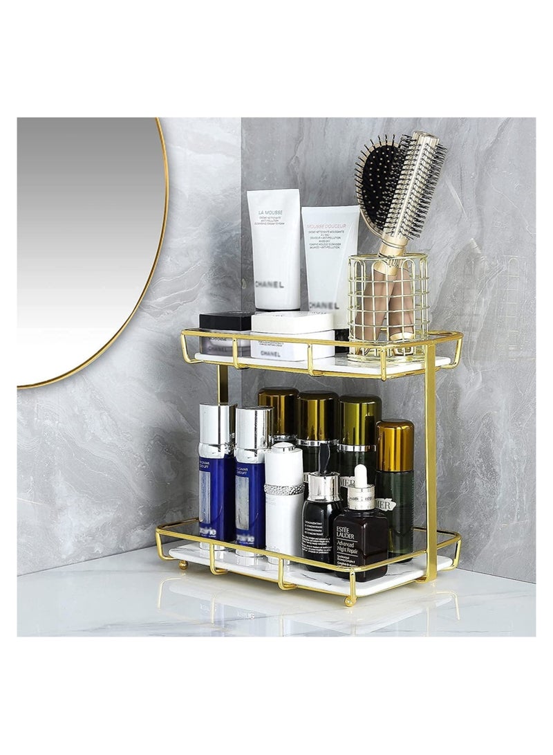GGEROU 2-Tier Bathroom Organizer Countertop, Bathroom Countertop Storage Shelf with Removable Marble Glass Tray - Image 3