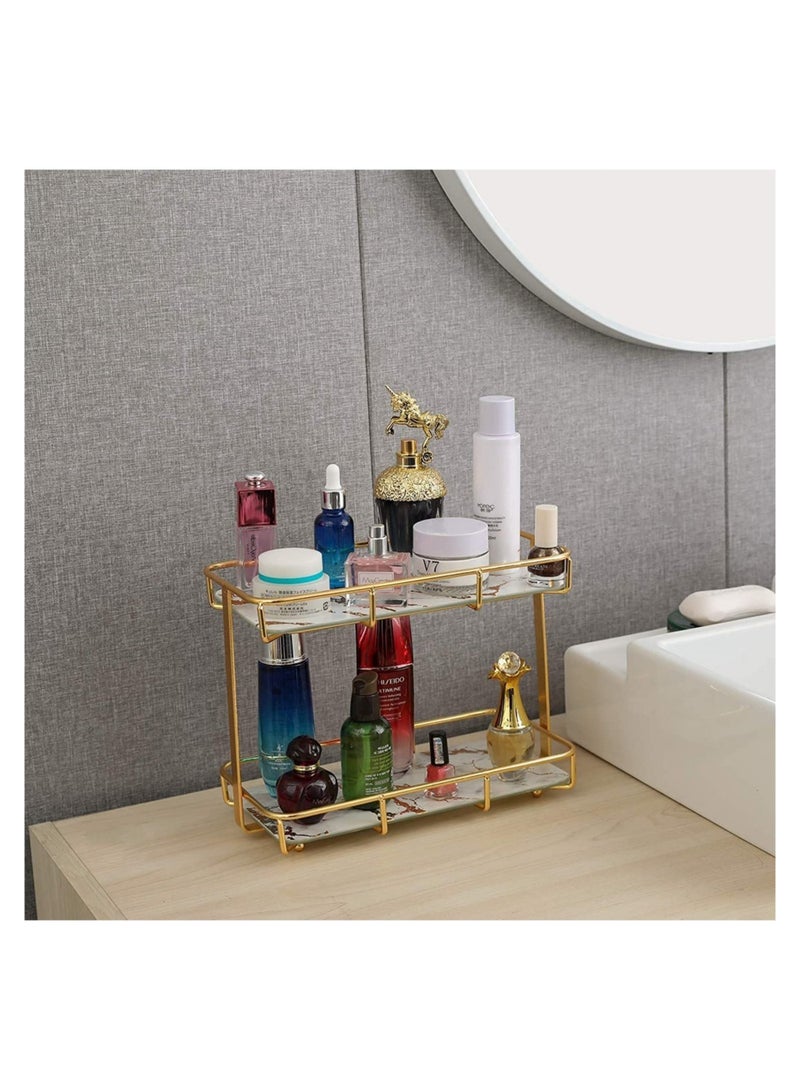 GGEROU 2-Tier Bathroom Organizer Countertop, Bathroom Countertop Storage Shelf with Removable Marble Glass Tray - Image 2
