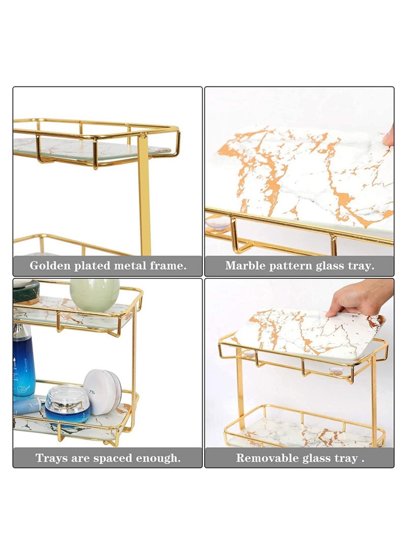 GGEROU 2-Tier Bathroom Organizer Countertop, Bathroom Countertop Storage Shelf with Removable Marble Glass Tray - Image 4