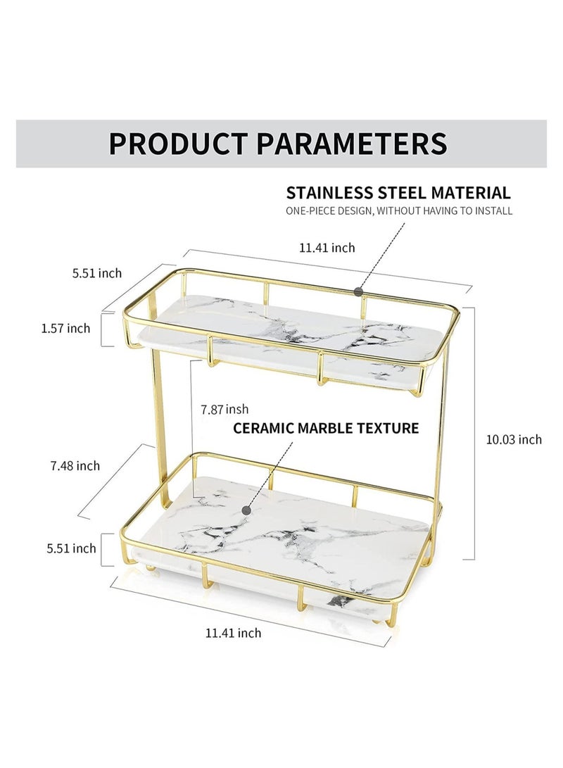 GGEROU 2-Tier Bathroom Organizer Countertop, Bathroom Countertop Storage Shelf with Removable Marble Glass Tray - Image 5