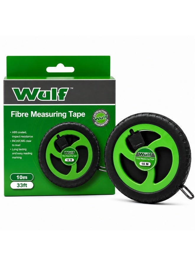 WULF Fibreglass Measuring Tape 10m / 33ft, Long Tape Measure with Impact Resistant ABS Case, Clear Inch & CM Markings, Manual Rewind for Construction, Surveying & DIY - Image 1