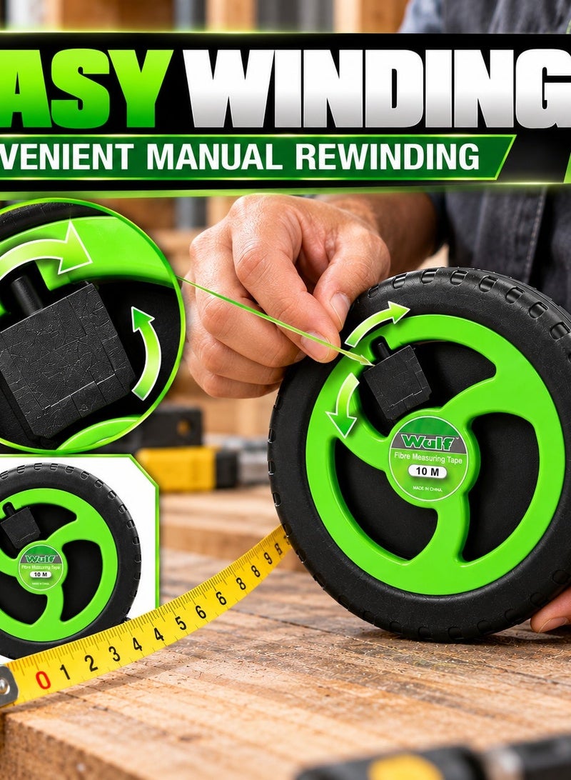 WULF Fibreglass Measuring Tape 10m / 33ft, Long Tape Measure with Impact Resistant ABS Case, Clear Inch & CM Markings, Manual Rewind for Construction, Surveying & DIY - Image 5