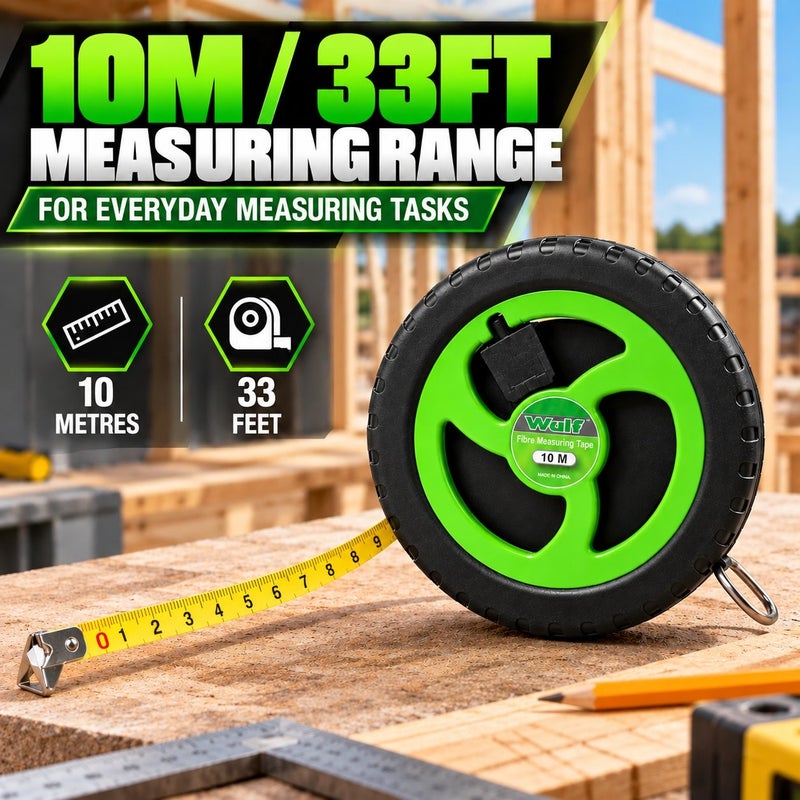 WULF Fibreglass Measuring Tape 10m / 33ft, Long Tape Measure with Impact Resistant ABS Case, Clear Inch & CM Markings, Manual Rewind for Construction, Surveying & DIY - Image 3